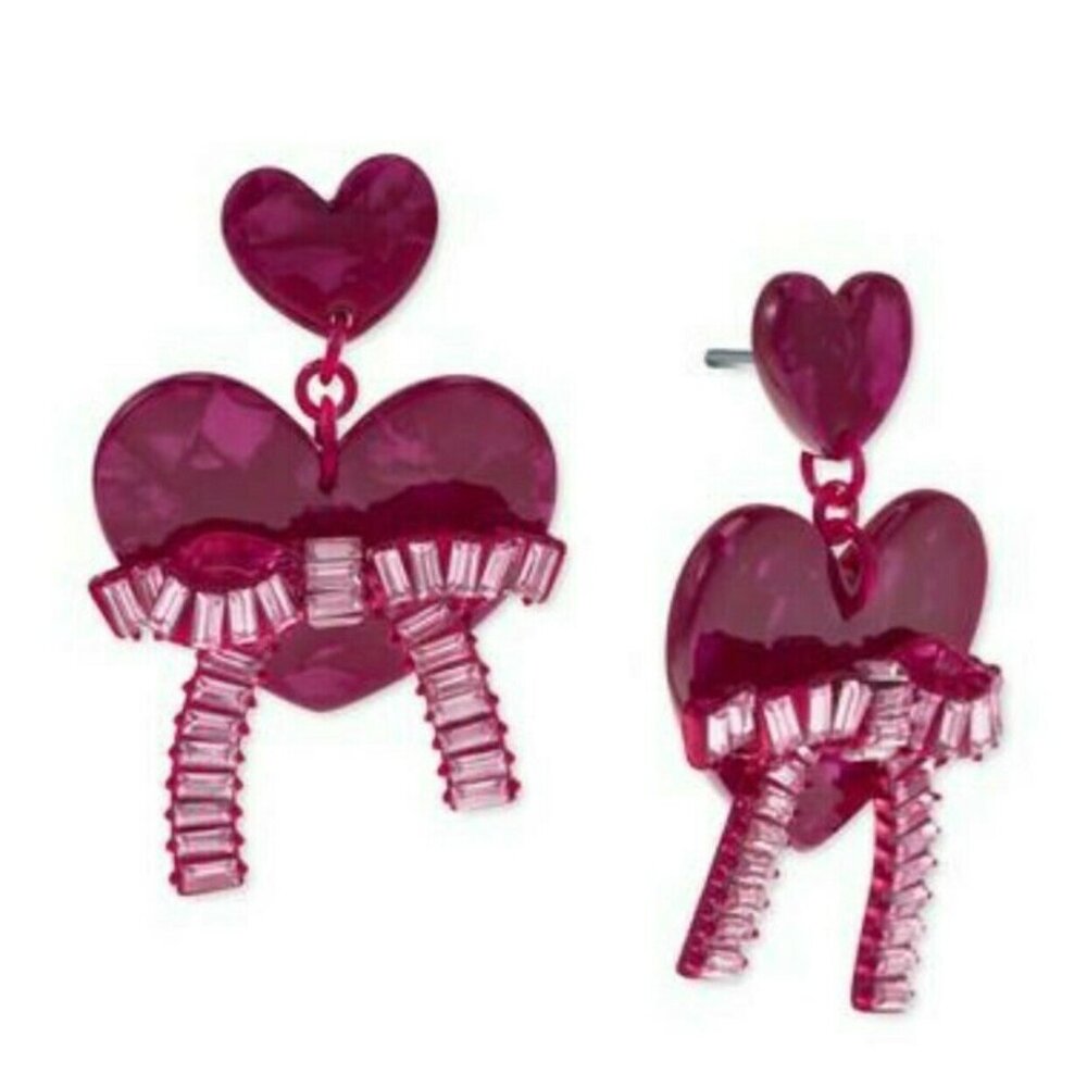 Fuchsia Pink Baguette Stone Bow Heart Drop Earrings 2 Inches